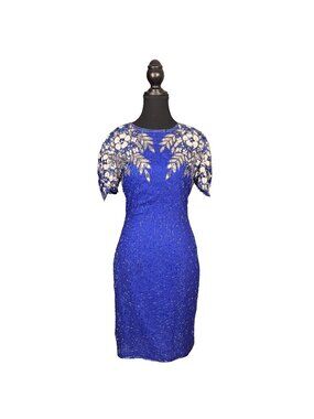 Vintage Silk Beaded Cocktail Dress Royal Blue Beaded Dress Petite Vogue Evening